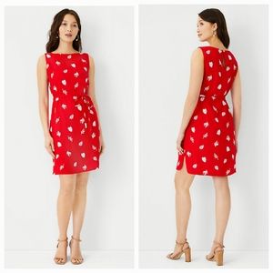 Ann Taylor Embroidered Belted Shift Dress, Red with White Leaves, Women's Size M